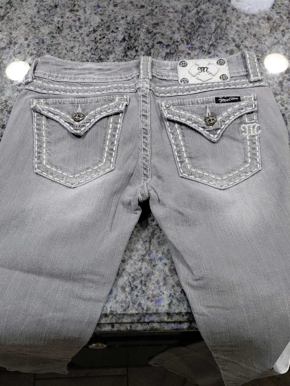 "Miss Me" Light Gray Boot Cut Jeans with Embroidered Flap Pockets